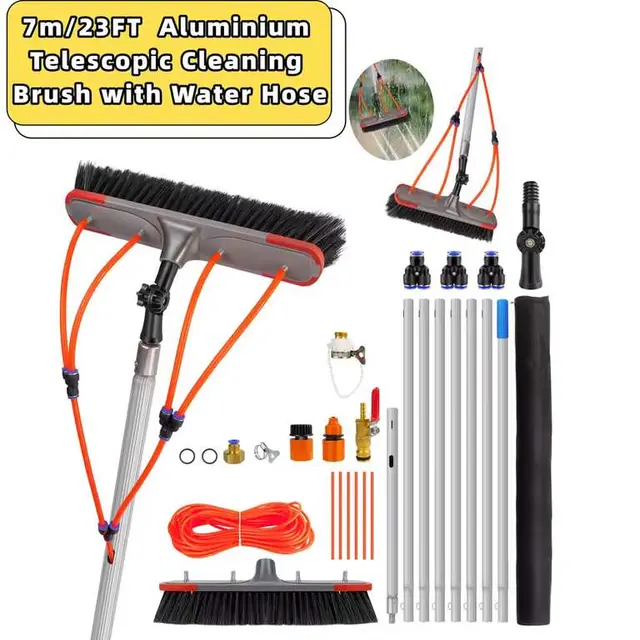 7m Aluminium Telescopic Window Cleaning Brush with Water Hose Attachment