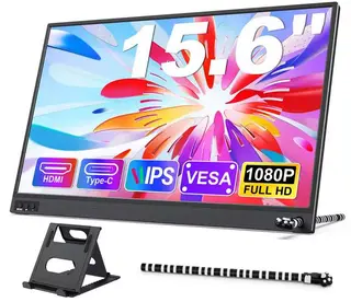 Amoudo 15.6in Portable Monitor FHD IPS with USB-C HDMI, Built-in Stand, VESA Mount