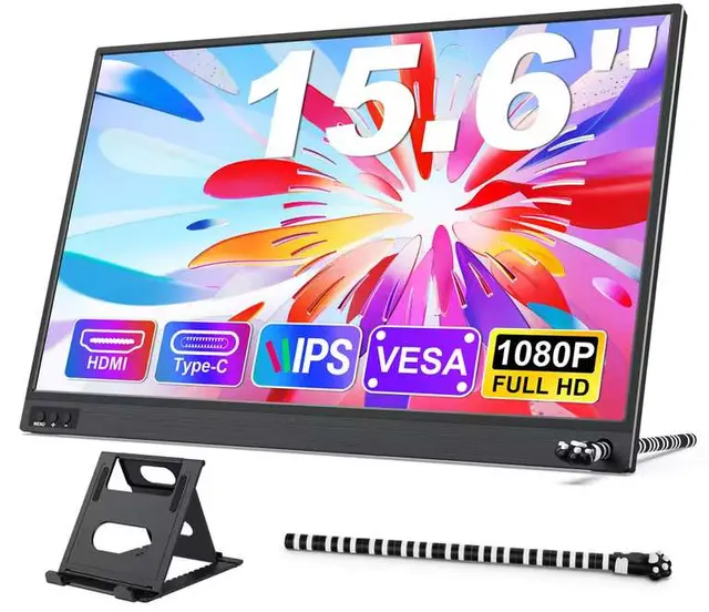 Amoudo 15.6in Portable Monitor FHD IPS with USB-C HDMI, Built-in Stand, VESA Mount