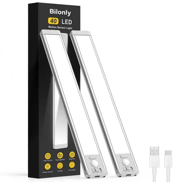 Bilonly 40-LED Rechargeable Motion Sensor Under Cabinet Lights, 2-Pack