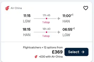 London Gatwick to Hanoi Vietnam round trip via Shanghai Sep-Oct Air China with checked luggage thumbnail 2