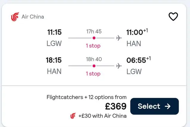 London Gatwick to Hanoi Vietnam round trip via Shanghai Sep-Oct Air China with checked luggage photo 2