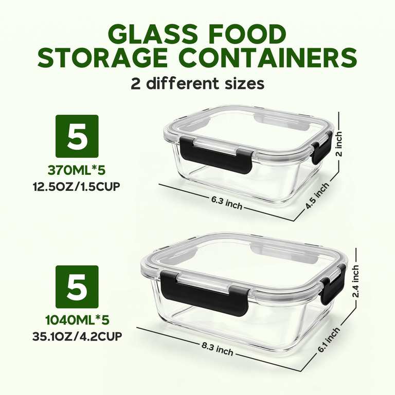 MEETOZ 10 Pack Glass Meal Prep Containers in Black or Colourful photo 2