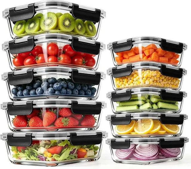 MEETOZ 10 Pack Glass Meal Prep Containers in Black or Colourful