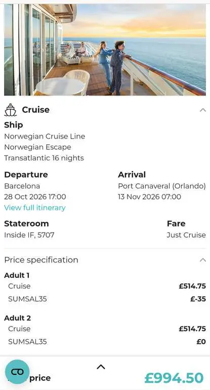 NCL Escape 16-Night Transatlantic Cruise to Port Canaveral for Two, Inside Cabin photo 2