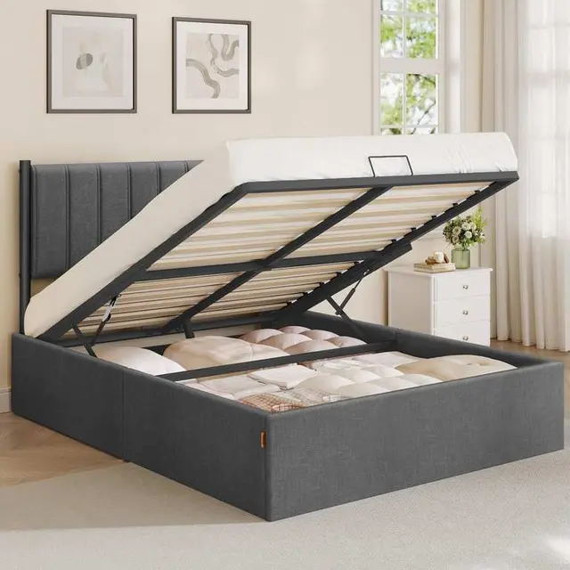 VASAGLE Ottoman Double Bed Frame with Lift-Up Storage 135x190cm Grey